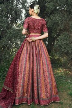 Maroon vegan silk lehenga with an attached cancan and floral weaving pattern. Comes with a padded blouse and a dupatta. - Aza Fashions Unstitched Banarasi Silk Set For Reception, Multicolor Brocade Anarkali Choli, Anarkali Multicolor Brocade Choli, Multicolor Brocade Choli For Wedding, Fitted Cotton Silk Lehenga In Traditional Drape, Multicolor Silk Lehenga For Reception, Multicolor Anarkali Brocade Sharara, Traditional Cotton Silk Lehenga With Intricate Embroidery, Multicolor Silk Lehenga With Intricate Embroidery