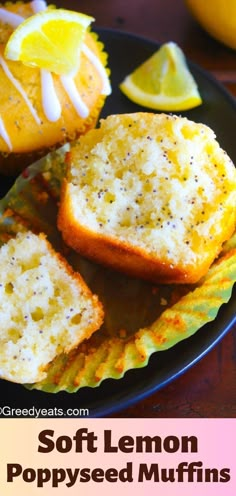 lemon poppy seed muffins on a black plate