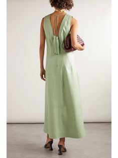 BOTTEGA VENETA Tasseled leather maxi dress | NET-A-PORTER Leather Maxi Dress, Exposed Seams, Sport Swimwear, Maxi Dress Evening, Maxi Dress Green, Leather Dresses, Suit Accessories, Party Looks, Fall Dresses