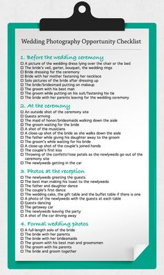 a green and white wedding checklist with the words,'wedding photography opportunity checklist '