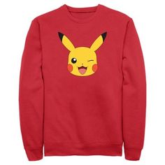 Gotta catch 'em all! Get into the game with the iconic world of Pokemon cards, video games, TV shows, and more with adorable new officially licensed apparel for the whole family featuring all your favorite Pokemon! This Men's Pokemon Pikachu Wink Face Graphic Crewneck Sweatshirt features a large graphic of Pikachu's adorable little winking face printed across the front! Grab one of these new Pokemon sweatshirts today and be the envy of all your friends! Red Fandom Crew Neck Top, Red Crew Neck Sweatshirt For Fan Merchandise, Red Crew Neck Sweatshirt For Fans, Fan Merchandise Mascot Crew Neck Top, Fan Apparel Crew Neck Top With Mascot, Casual Cartoon Print Sweatshirt For Fans, Sitting Portrait, Face Grab, Pokemon Sweatshirt