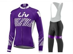 the purple and white cycling suit is next to an image of a woman's bib