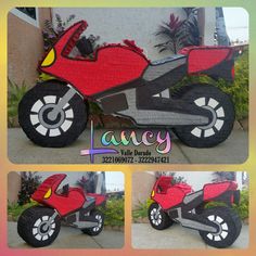 a red and black motorcycle made out of paper