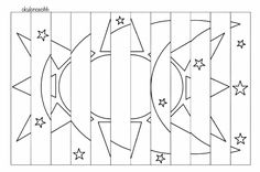 an image of a coloring book page with stars and moon shapes on it, in black and white