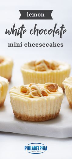 lemon white chocolate mini cheesecakes on a cutting board with the title overlay