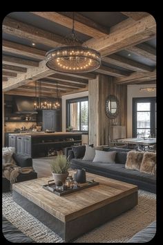 a living room filled with lots of furniture and a chandelier hanging from the ceiling