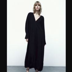 Nwt Long Dress Made Of Viscose Blend. V-Neck, Long Sleeves With Cuffs And A Voluminous Hem. Xs-S Sleeves With Cuffs, Zara Black, Zara Dresses, Dress Making, Long Dress, Colorful Dresses, Long Sleeves, Zara, Maxi Dress