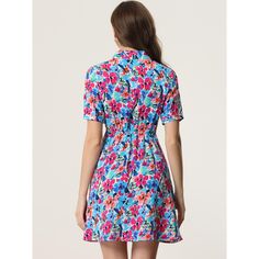 Looking for a stylish and comfortable outfit that is perfect for casual occasions, outdoor events, and vacations? Look no further than this beautiful floral mini dress! This dress boasts a classic point collar and short sleeves, as well as a lovely floral print that is perfect for summer. Plus, the dress also features a convenient tie waist that allows you to easily adjust it to your waistline for a flattering fit. Pair it with your favorite heels for a charming and effortless look that is sure Floral Print A-line Mini Dress For Vacation, Multicolor Mini Floral Dress For Vacation, Multicolor Floral Mini Dress For Vacation, Blue Mini Dress With Ditsy Floral Print For Vacation, Casual Floral Print Mini Dress, Printed A-line Mini Dress For Vacation, Tropical Print Mini Dress For Day Out, Blue Tropical Print Mini Dress For Spring, Blue Mini Dress With Tropical Print For Spring