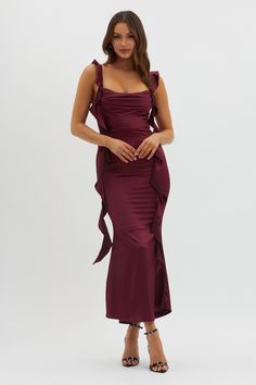 Blushing Ruffle Trim Midi Dress Wine Red Fitted Midi Dress With Ruffles, Wine Selfie, Evening V-neck Ruffled Midi Dress, Dark Red Midi Dress, Burgundy Fitted A-line Midi Dress, Wine Midi Dress, Burgundy V-neck Dress With Ruffles, Fitted Burgundy V-neck Midi Dress, Wine Bridesmaid Dresses