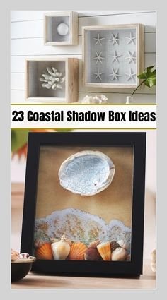 three different pictures with the words coastal shadow box ideas on them and seashells