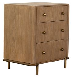 a wooden dresser with three drawers on one side and two brass knobs on the other