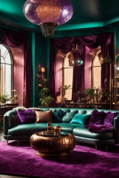 a living room filled with purple and green furniture