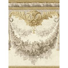 an ornate gold and white wallpaper with flowers