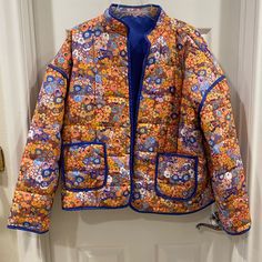 This Is A Super Cute Floral Quilted Jacket From Amazon In A Size Medium (Runs Large). It Has Hook And Eye Closures. It Have Not Been Worn But Does Not Have Any Tags. Retro Patchwork Outerwear For Spring, Multicolor Quilted Spring Outerwear, Orange Cotton Winter Outerwear, Winter Orange Cotton Outerwear, Quilted Multicolor Outerwear For Fall, Amazon Long Sleeve Winter Outerwear, Amazon Winter Long-sleeve Outerwear, Amazon Winter Outerwear With Long Sleeves, Multicolor Patchwork Quilted Jacket For Spring