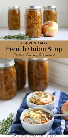 canning french onion soup in glass jars with spoons and blue towel next to it