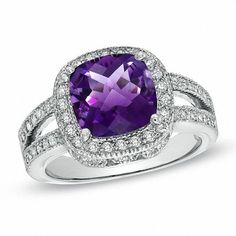 Cushion-Cut Amethyst and 1/2 CT. T.w. Diamond Frame Ring in 14K White Gold Birthstone Engagement Rings, Amethyst Rings, Minimalist Diamond Rings, Purple Stuff, Frame Ring, Amethyst Ring Engagement, Sterling Silver Jewelry Rings, Purple Amethyst Ring, Purple Rings