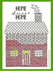 a drawing of a brick house with the words home sweet home written on it's roof