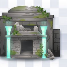 an illustration of a stone fireplace with blue lights on the front and green plants growing out of it