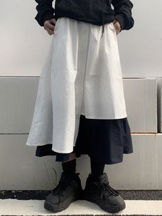 Casual White Patchwork Skirt, Casual White Skirt With Patchwork, Casual White Skirt With Asymmetrical Hem, White Patchwork Bottoms For Spring, Casual White Bottoms With Asymmetrical Hem, White Asymmetrical Cotton Skirt, Loose Skirt, Loose Maxi Dress, Lantern Sleeve Dress