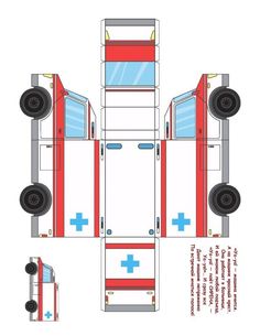 the paper model of an ambulance is shown in red, white and blue colors with wheels