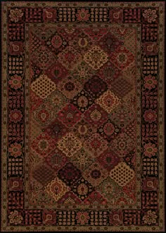 a red and black rug with an ornate design on the center, surrounded by many different colors