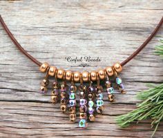 Boho Minimalist Leather Necklace: Fringe Design With Sparkling Glittery Bronze Fire Polished Beads - Etsy Fringe Beaded Necklace, Diy Boho Necklace Ideas, Cord Necklace Ideas, Boho Necklace Diy, Diy Beaded Jewelry Ideas, Bead Jewelry Ideas, Diy Beaded Necklace, Diy Necklace Designs, Boho Leather Jewelry