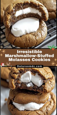 three cookies with marshmallow - stuffed molasses in the middle and on top