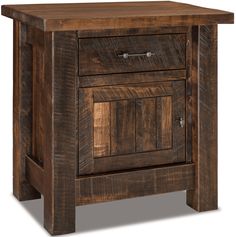 a wooden nightstand with two drawers and one door on the bottom shelf, against a white background