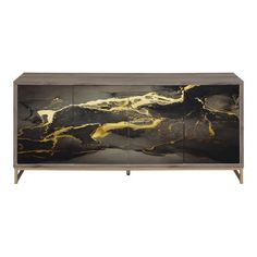 the sideboard is made from wood and has black, gold and white marble on it