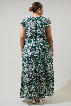 Fall in love one more time with the Harriet Floral Pismo Button Down Flutter Maxi Dress! This green long dress has a V neckline that leads to a functional button front. Ruffle cap sleeves frame a flowy skirt with a single bottom tier that splits near the knee. Wear it with white heels to create a fashionable statement. - Cap sleeves- Lined- Button front- Deep V- Color: Cream GreenSize + Fit - Model is 5'10" and wearing size 2X- Measurements taken from size 2X- Chest: 25 1/2"- Length: 59" Fabric Green V-neck Maxi Dress With Button Closure, Green Flutter Sleeve Dress For Vacation, Green Maxi Dress With Button Closure, Green Flutter Sleeve Beach Midi Dress, Green Fitted Maxi Dress With Flutter Sleeves, Green Flutter Sleeve Maxi Dress For Beach, Green Flutter Sleeve Maxi Dress For Vacation, Green Maxi Dress With Floral Print And Flutter Sleeves, Green Midi Dress With Flutter Sleeves