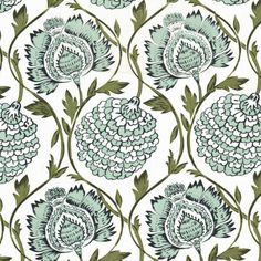 a green and white flower pattern on a white wallpaper with lots of small leaves