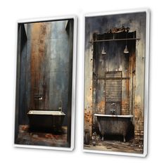 two pictures of an old bathtub and sink in front of a rusted wall