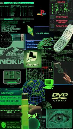 a collage of various electronic devices and text on black paper with neon green accents