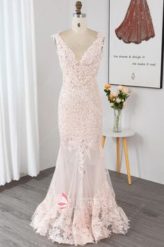 baby pink leaf pattern lace mermaid sheer evening dress Pink Tulle Mermaid Dress For Wedding, Pink Tulle Mermaid Wedding Dress, Pink Lace Gown With Sheer Bodice, Church Wedding Dress, Design Your Own Dress, Mermaid Formal Gowns, Bridal Reception Dress, Dress Train, Military Ball Dresses