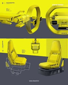 an image of a futuristic yellow chair with wheels and seats on each side, in three different views