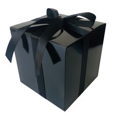 a black gift box with a ribbon tied around it