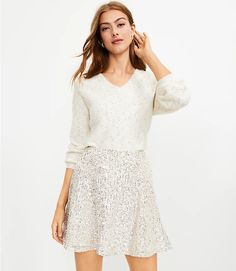 Petite Sequin Skirt | LOFT Dressy Fashion, New Accessories, Silver Sparkle, Women's Skirts, Trendy Clothes For Women, Cute Skirts, Flare Skirt, Effortless Style, Lace Skirt