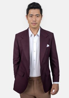 The Burgundy Sharkskin Jacket is a a unique and versatile garment. Woven with a sharkskin weave with subtle black and red threads throughout, this custom made jacket gives off powerful vibes. Feel sharp and distinguished in this premium piece that's sure to become your new favorite custom blazer. Bespoke Tailored Long Sleeve Sport Coat, Bespoke Tailored Long Sleeve Blazer, Tailored Long Sleeve Bespoke Blazer, Bespoke Semi-formal Outerwear, Classic Red Long Sleeve Tweed Jacket, Tailored Long Sleeve Tweed Jacket With Pressed Crease, Bespoke Long Sleeve Blazer With Pressed Crease, Bespoke Single-breasted Suit Jacket, Bespoke Single-breasted Long Sleeve Suits