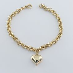 "\"Thick Rolo Chain, Heart Charm, 14k Gold Bracelet | Fine Jewelry in Love Puffy Heart Minimalist Bracelet for Everyday Use | Gift for Her\" P R O P E R T I E S The best finishing touch to every ensemble is our classic 14k gold rolo chain bracelet with a chic heart charm. It's stunning on its own, but it's also great with other bracelets for a more impressive look. This lovely charm bracelet is a timeless look that will be a go-to piece of your jewelry collection for decades to come. * Material: Heart Charm Bracelet Gift, Heart Pendant Charm Bracelet For Valentine's Day Gift, Valentine's Day Gift Charm Bracelet With Heart Pendant, Valentine's Day Heart Pendant Charm Bracelet, Anniversary Heart Pendant Charm Bracelet, Valentine's Day Heart Charm Bracelet With Heart Pendant, Heart-shaped Chain Bracelet With Lobster Clasp As Gift, Heart Charm Bracelet For Anniversary, Valentine's Day Gift Chain Bracelet With Lobster Clasp