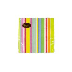 a multicolored striped napkin with a brown label on the front and bottom corner