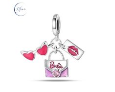 Barbie Pink Handbag & Sunglasses Dangle Charm For all the Barbie fans this sterling silver bead charm features a pink handbag with Barbie enamel details and a dazzling pink crystal in the shape of a heart. Barbie's handbag is accompanied by her sunglasses and a lipstick stain card also in pink enamel detailing. Check out our other Barbie charms and Barbie bracelets too. Suitable for all European style bracelets such as Pandora and can also been worn on your favourite necklace. 925 Sterling Silve Pink Charms For Mother's Day, Pink Heart Charm For Mother's Day, Trendy Pink Charms For Gift, Trendy Pink Charms As A Gift, Trendy Pink Charms For Gifts, Pink Dangling Charms For Mother's Day, Pink Sterling Silver Charms For Gifts, Nickel-free Pink Sterling Silver Charms, Nickel Free Pink Sterling Silver Charms