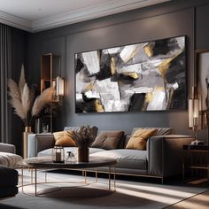 a modern living room with grey walls and gold accents, large painting on the wall