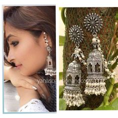 Jhumkas scripted jhumkas German Silver Indian Jewelery | Etsy Black Kurti With Jeans, Jhumka With Ear Chain, Oxidised Jhumka, Celebrities Earrings, Jewelry Beauty, Traditional Indian Jewellery, Ear Chain, Beads Work, Western Earrings