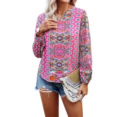 Bright Pink Graphic V-Neck Blouse Relaxed Top Long Puff Sleeves Sizes S-Xl Loose Fit. Unique Multi Color Graphics. Pink, Blue, Rust This Stylish Top Features A Chic V-Neck And Long Puff Sleeves, Creating A Trendy And Flattering Silhouette. The Unique Graphic Print Adds A Touch Of Individuality To Its Relaxed Fit, Making It Perfect For Casual Outings, Lounging At Home, Or Stylishly Running Errands. This Top Ensures Comfort And Style With Its Loose Fit And Playful Puff Sleeves. Get Ready To Relax Casual Pink Tops With Split Neck, Casual Pink Blouse With Split Neck, Summer Split Neck Pink Blouse, Pink Floral Print Blouse With Split Neck, Pink Floral Print Split Neck Blouse, Pink Bohemian Top, Pink Split Neck Blouse With Floral Print, Feminine Pink V-neck Blouse, Festival Tops Women