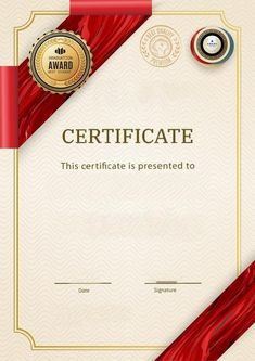 a certificate with a red ribbon and a gold medal on it's side,