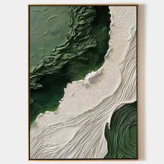 an abstract painting in green and white with wavy lines on the bottom half of it