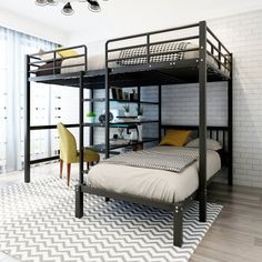 a bunk bed sitting in the middle of a room next to a desk and chair