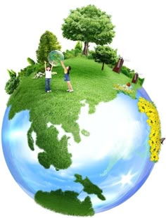 two people standing on top of a grass covered globe with trees and flowers around it