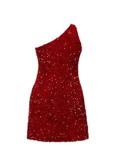 Our Red - Red Velvet Sequin One Shoulder A-Line SHIFT Show Choir Dress hits the stage lights for exciting flashes of color and light! It features an asymmetric Neckline in all-over Popcorn Sequin Stretch Velvet. Flattering A-Line fullness allows for all dancing styles without clinging or riding up. Quick Step-In style. 1 1/2" folded hem lands at 3-4" above knees for average height performers. Free Shipping. High Waist Briefs NOT included. Glamorous Red Mini Dress For Red Carpet, Red Sequined Mini Dress For Galas, Glamorous Red Mini Dress For Gala, Red Embellished Mini Dress For Party, Festive Sequin Dresses For Red Carpet, Festive Red Carpet Dress With Sequins, Festive Red Carpet Sequin Dress, Christmas Red Carpet Dress With Sequins, Red Sequined Evening Dress