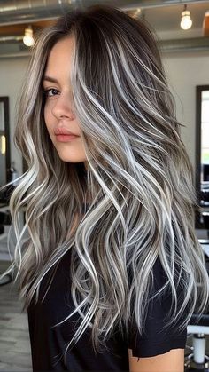 Gray Hair Platinum Highlights, Long Hairstyles Highlights, Dark Hair Ice Blonde Highlights, Dark With Platinum Highlights, Dark And Platinum Hair, Dark Hair Ideas With Highlights, Very Dark Hair With Highlights, Hair Color Ideas For Blondes Highlights, Striking Hair Color Highlights